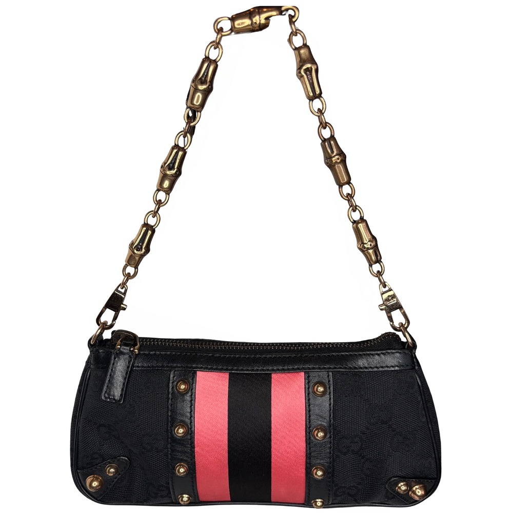 Gucci GG  Monogram Canvas Studded Pochette Bamboo Chain Strap